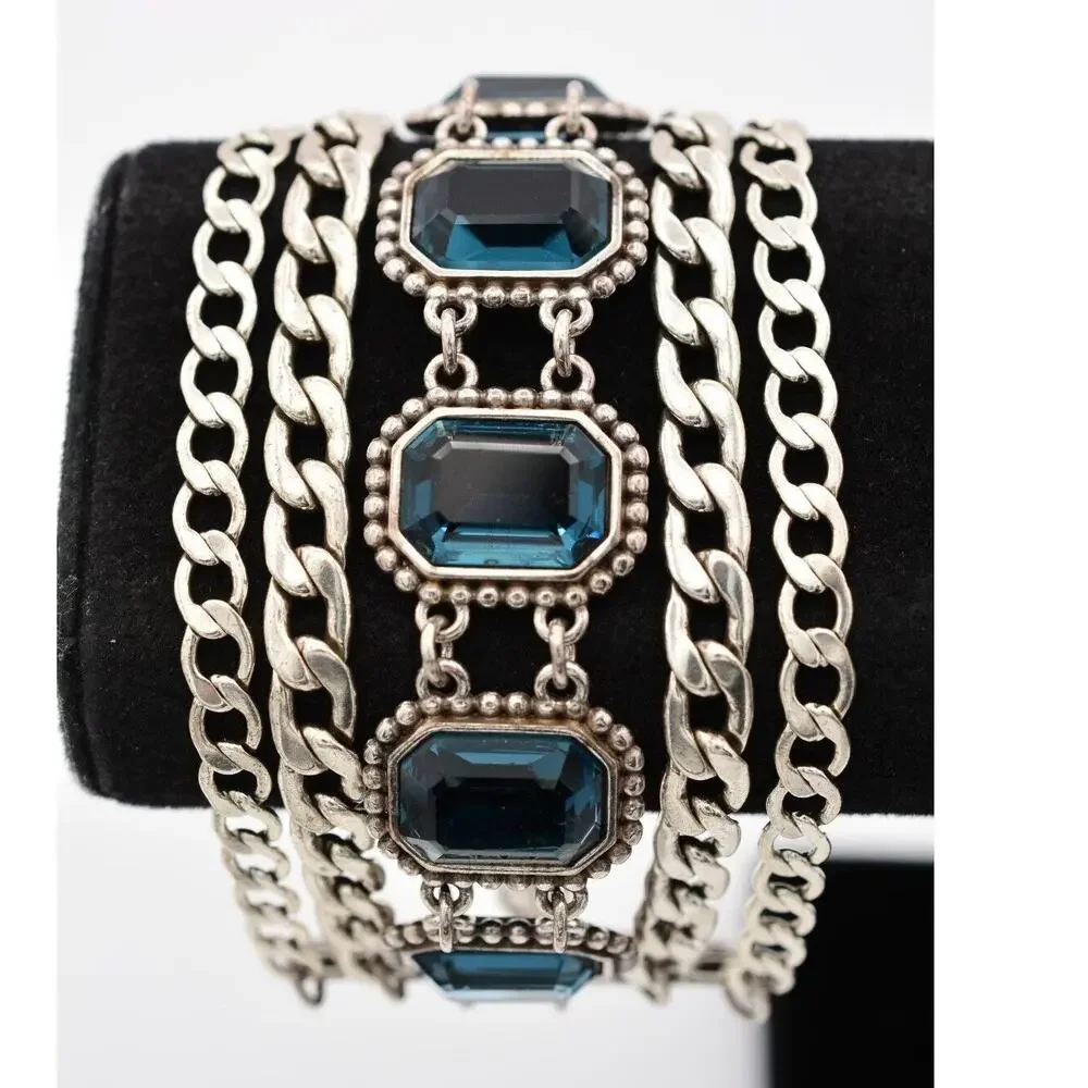 Brighton Le Ritz Crystal Bracelet Blue Bezel Multi-Chain Silver Signed Bin4